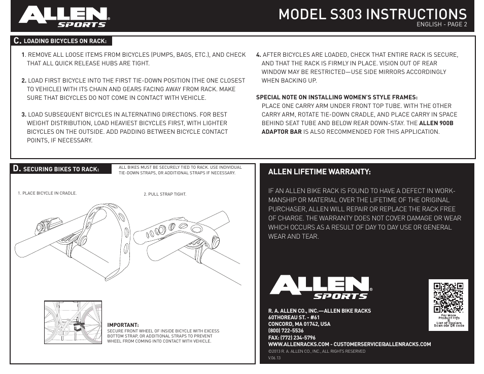 Model s303 instructions, Allen lifetime warranty | Allen Sports S303 User Manual | Page 2 / 2