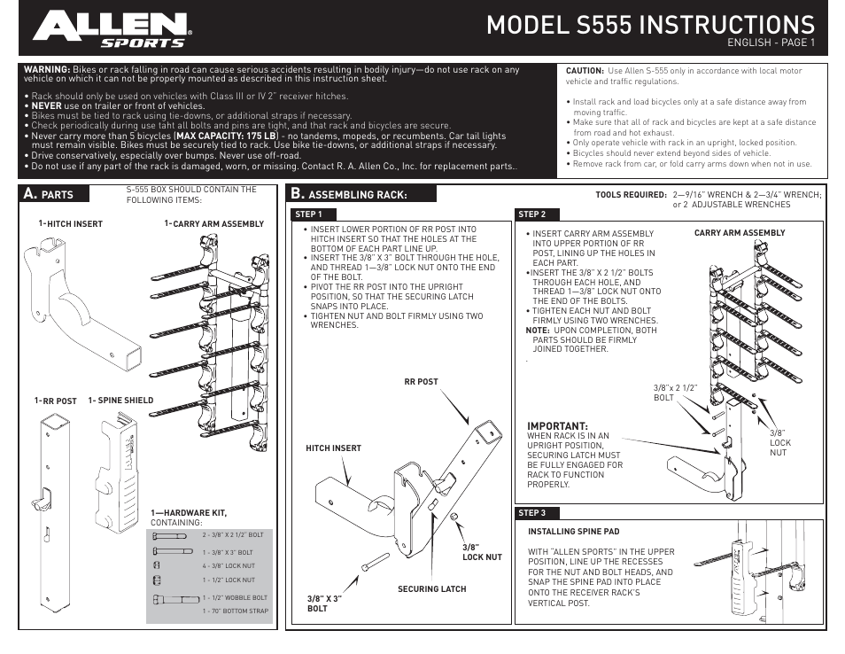 Allen Sports S555 User Manual | 2 pages