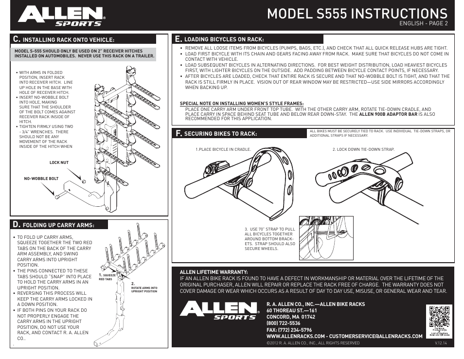 Model s555 instructions, C. d | Allen Sports S555 User Manual | Page 2 / 2