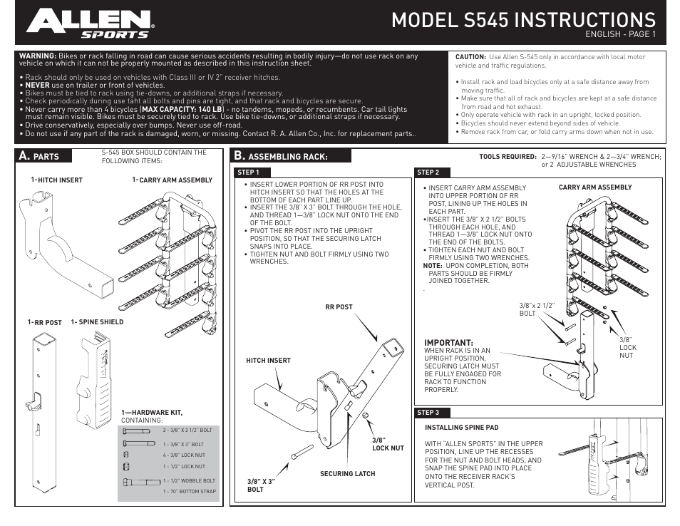 Allen Sports S545 User Manual | 2 pages