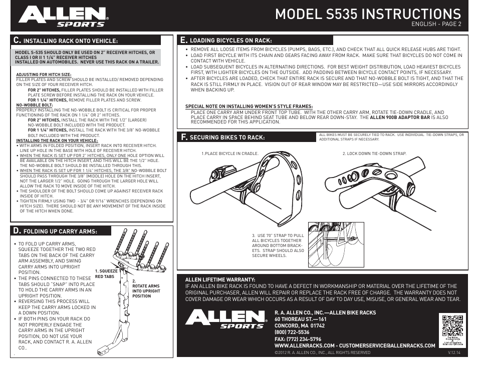 Model s535 instructions, C. d | Allen Sports S535 User Manual | Page 2 / 2