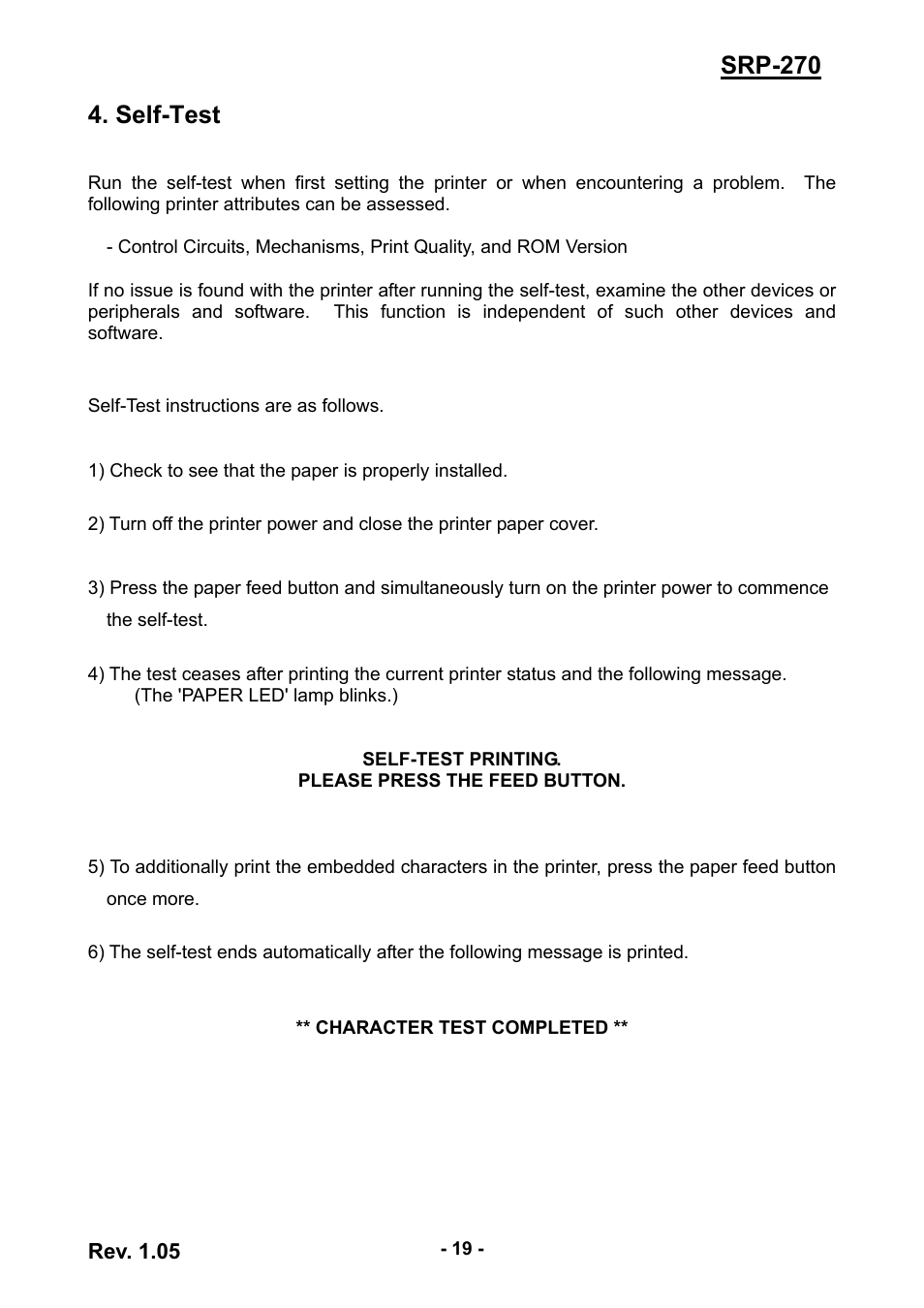 Self-test, Srp-270 4. self-test | BIXOLON SRP-270 User Manual | Page 19 / 31