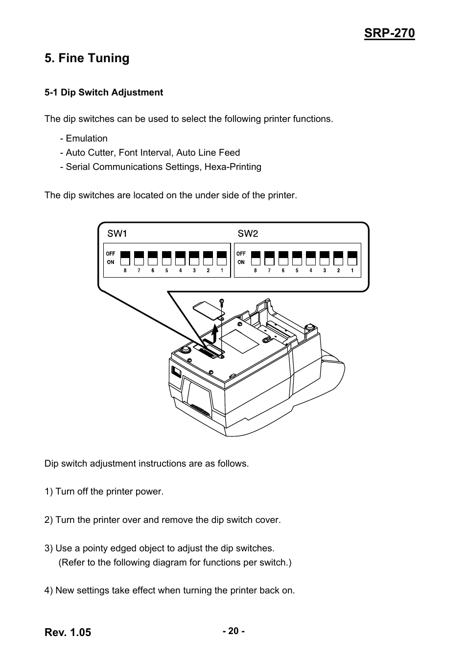 Fine tuning, 1 dip switch adjustment, Srp-270 5. fine tuning | BIXOLON SRP-270 User Manual | Page 20 / 31