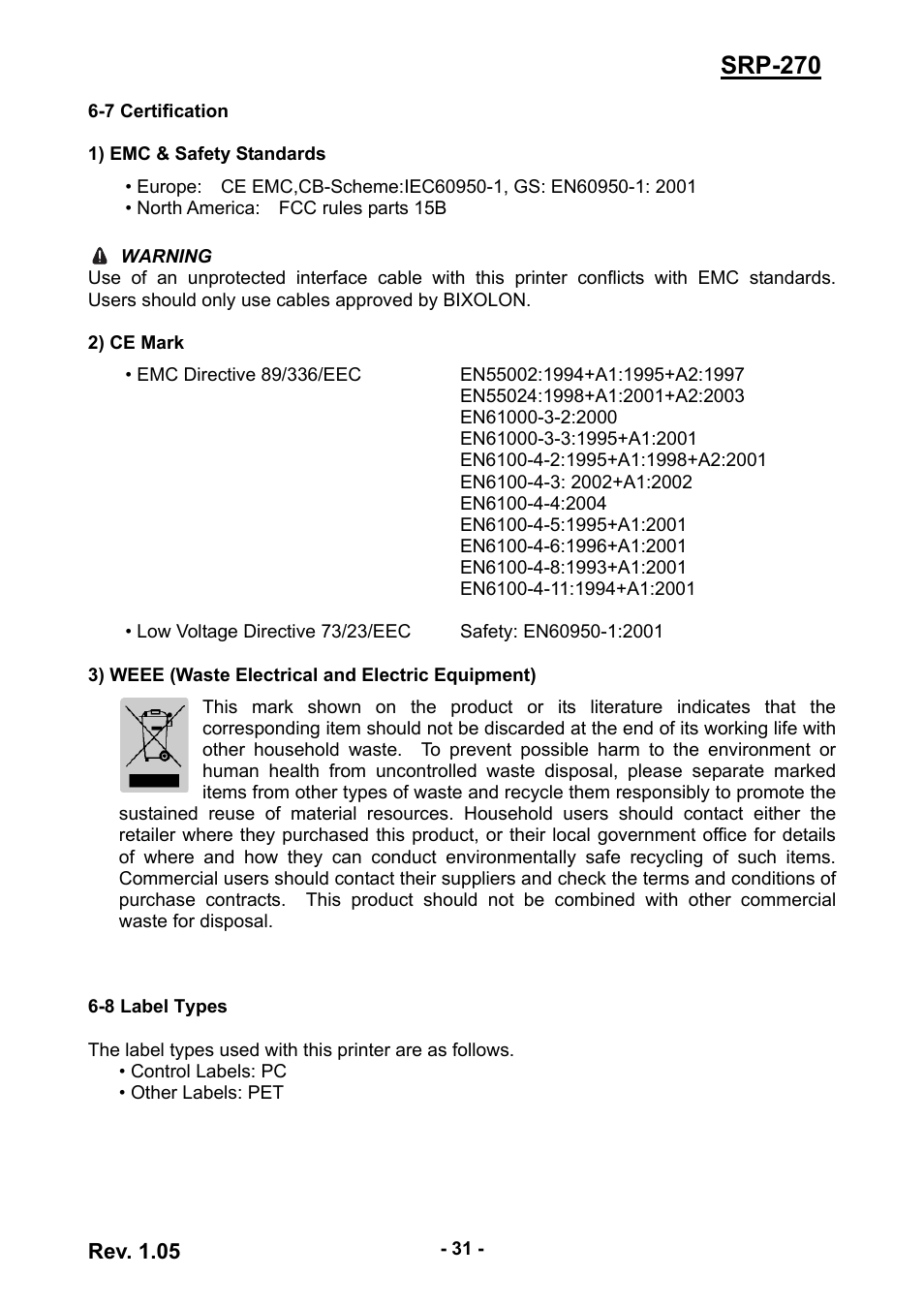 7 certification, 8 label types, 7 certification 6-8 label types | Srp-270, Rev. 1.05 | BIXOLON SRP-270 User Manual | Page 31 / 31