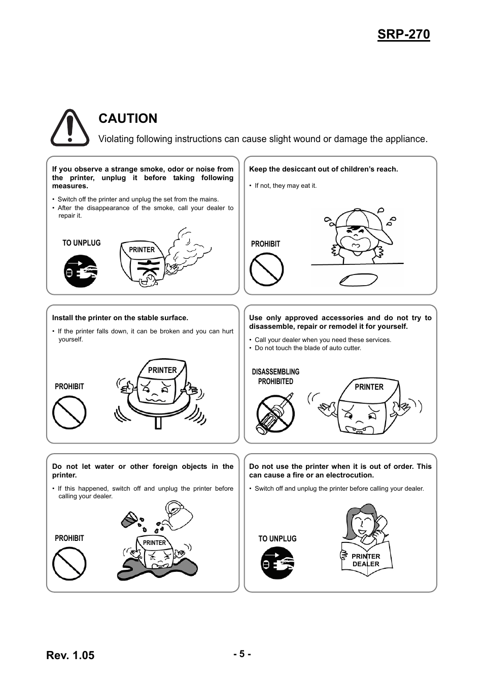 Srp-270, Caution, Rev. 1.05 | BIXOLON SRP-270 User Manual | Page 5 / 31