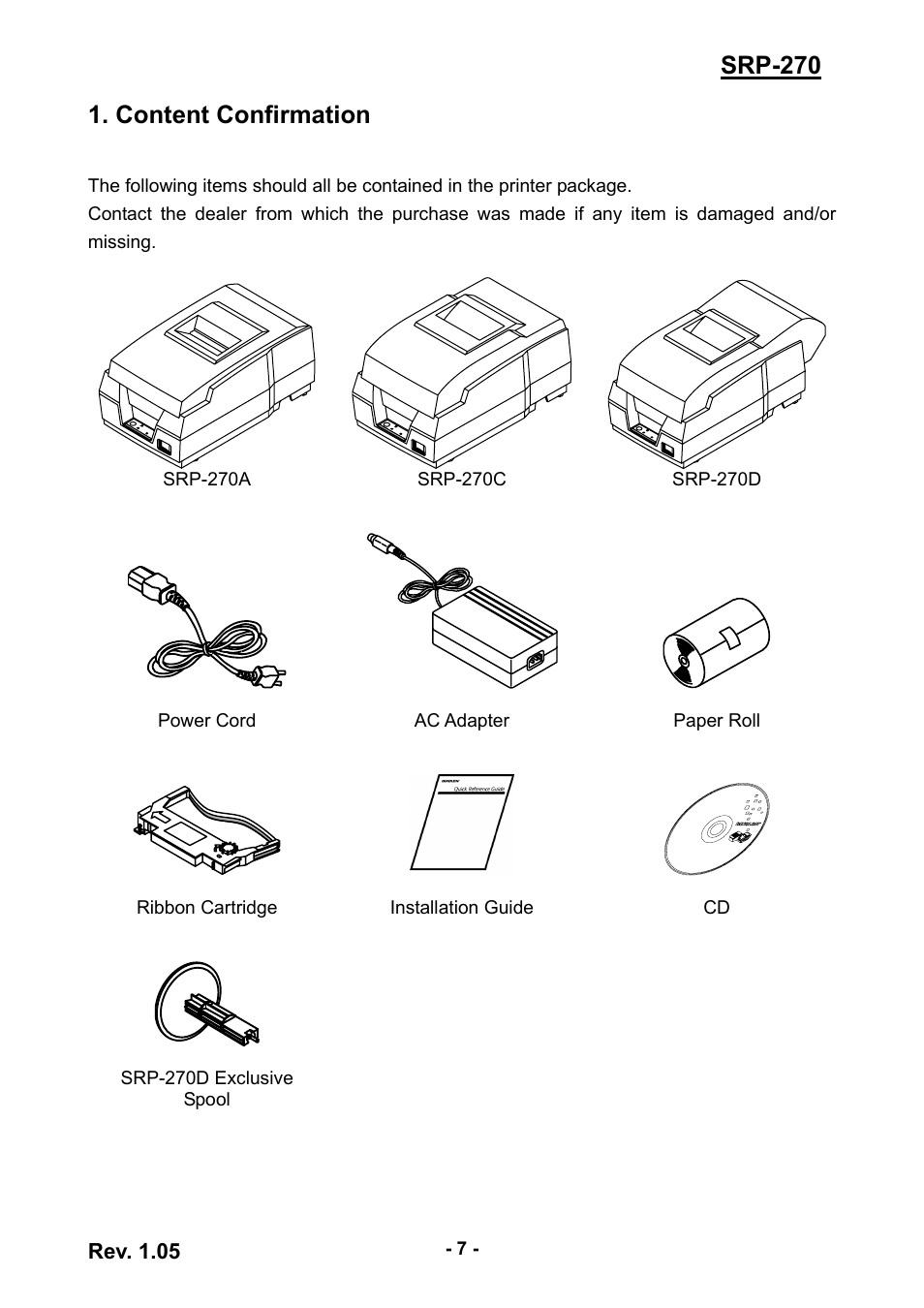 Content confirmation, Srp-270 1. content confirmation | BIXOLON SRP-270 User Manual | Page 7 / 31