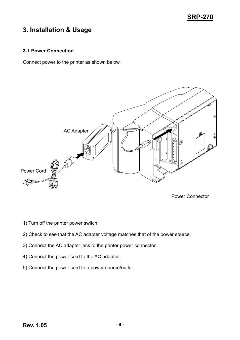 1 power connection, Installation & usage, Srp-270 3. installation & usage | BIXOLON SRP-270 User Manual | Page 9 / 31