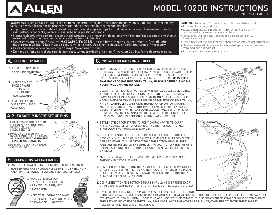 Allen Sports 102DB User Manual | 2 pages