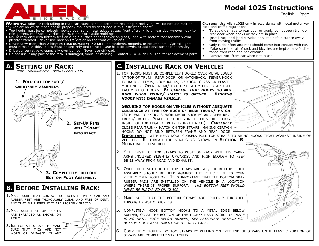 Allen Sports 102S User Manual | 2 pages