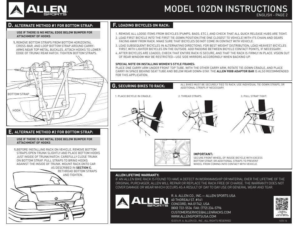 Model 102dn instructions, D. e | Allen Sports 102DN User Manual | Page 2 / 2