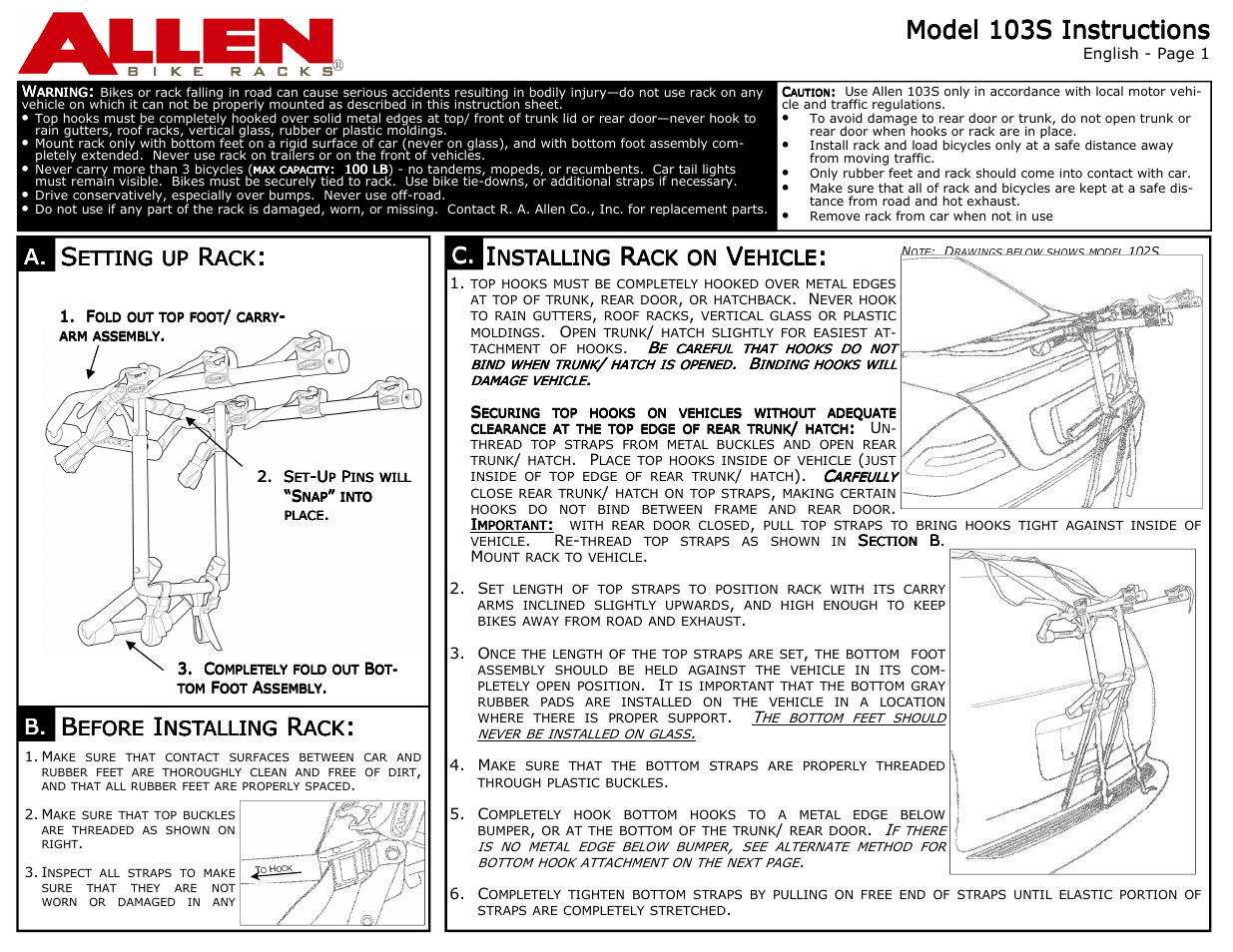 Allen Sports 103S User Manual | 2 pages