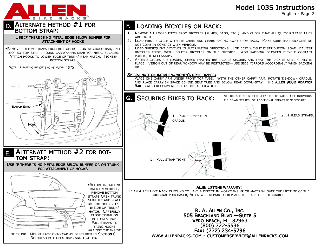 Lternate, Method, Bot- tom tom tom tom | Strap, Oading, Icycles, Ecuring, Ikes, Bottom | Allen Sports 103S User Manual | Page 2 / 2