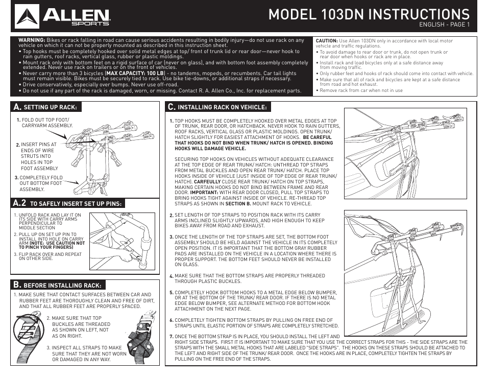 Allen Sports 103DN User Manual | 2 pages