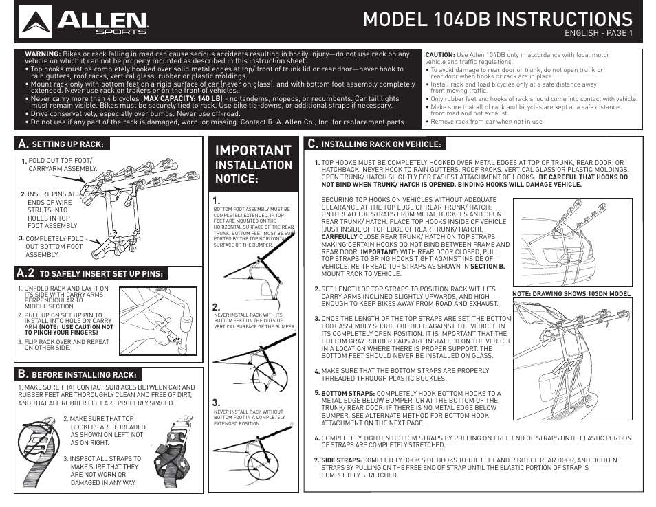 Allen Sports 104DB User Manual | 2 pages