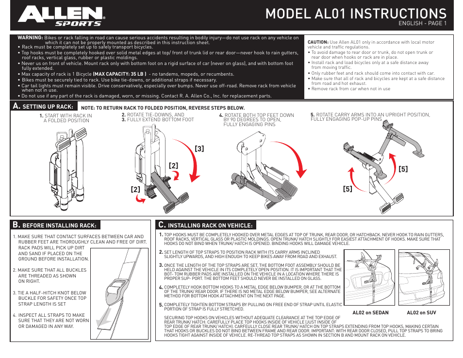 Allen Sports AL01 User Manual | 2 pages