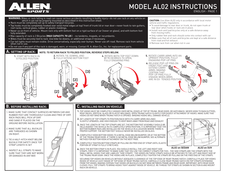 Allen Sports AL02 User Manual | 2 pages