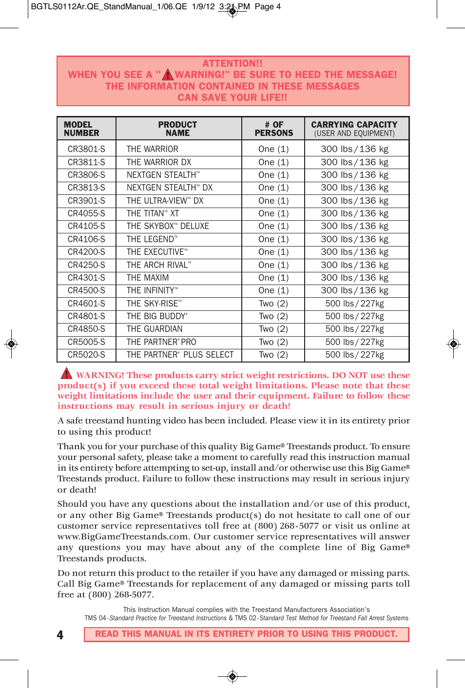 Big Game Treestands CR4250-S User Manual | 30 pages