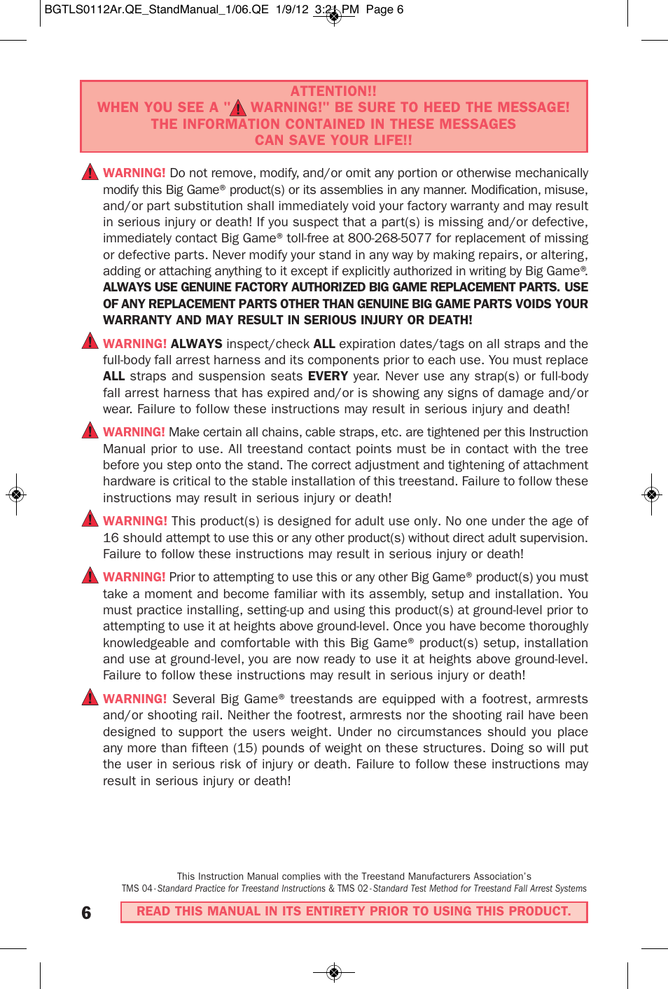 Big Game Treestands CR4250-S User Manual | Page 3 / 30