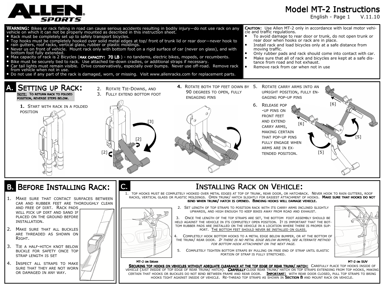 Allen Sports MT-2 User Manual | 2 pages