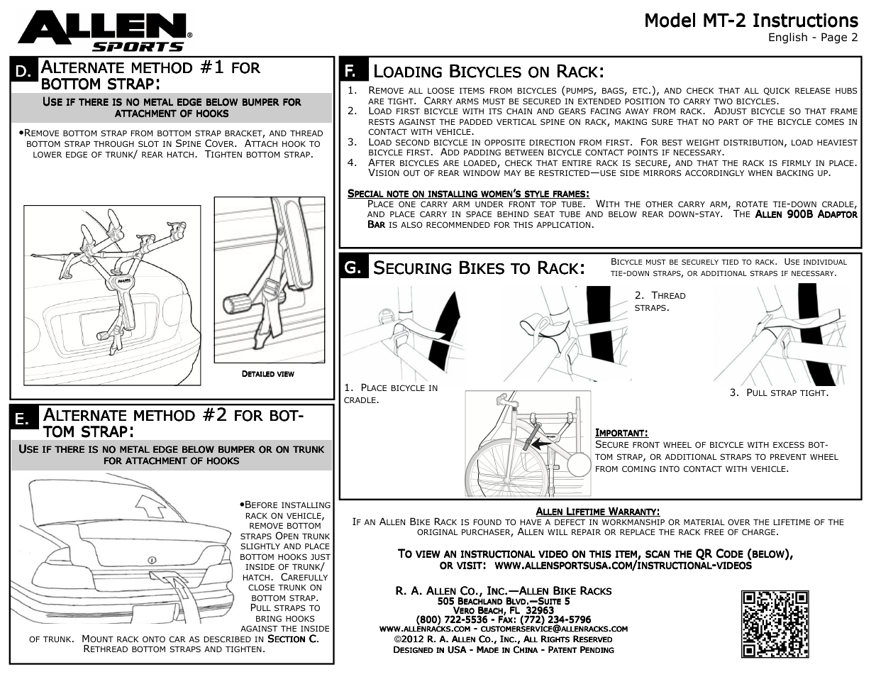 Model mt, Lternate, Method | Bot- tom tom tom tom, Strap, Oading, Icycles, Ecuring, Ikes, Bottom | Allen Sports MT-2 User Manual | Page 2 / 2