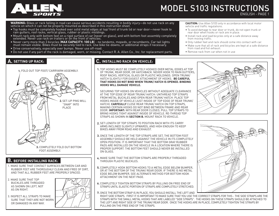 Allen Sports S103 User Manual | 2 pages