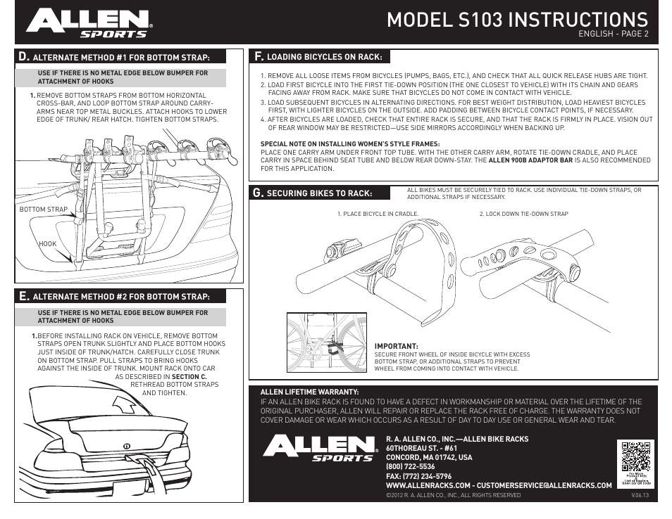 Model s103 instructions, D. e | Allen Sports S103 User Manual | Page 2 / 2