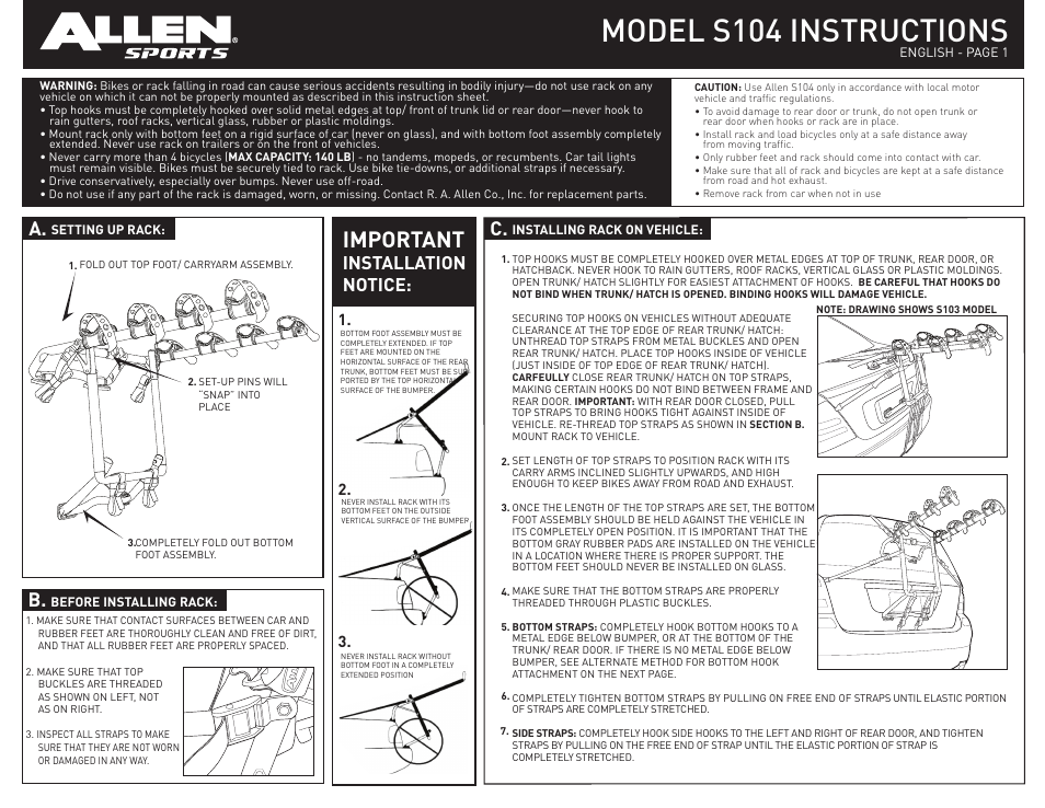 Allen Sports S104 User Manual | 2 pages