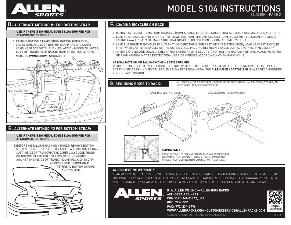 Model s104 instructions, D. e | Allen Sports S104 User Manual | Page 2 / 2