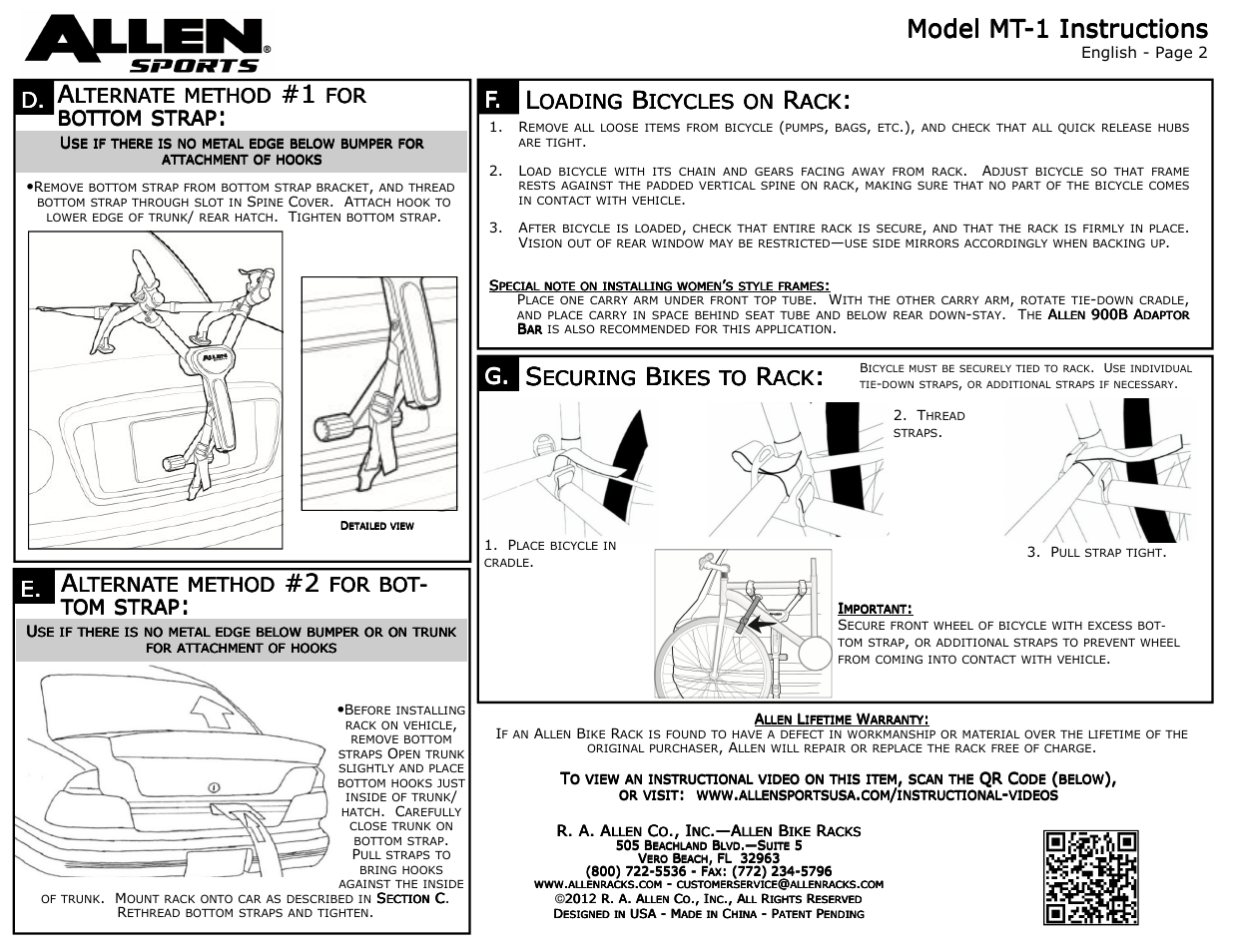 Model mt, Lternate, Method | Bot- tom tom tom tom, Strap, Oading, Icycles, Ecuring, Ikes, Bottom | Allen Sports MT-1 User Manual | Page 2 / 2