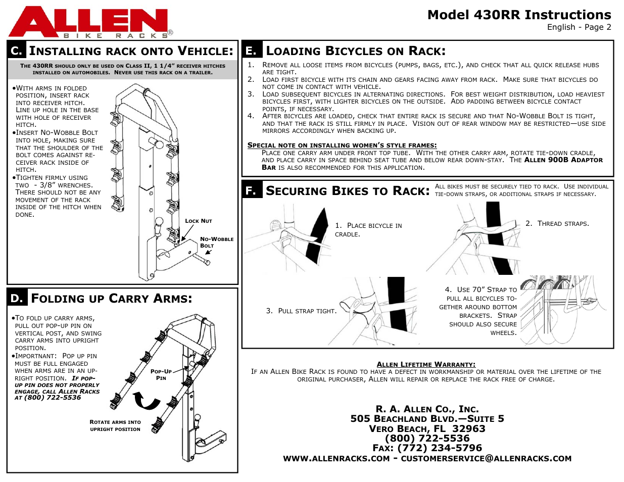 Model 430rr instructions, Olding, Arry | Oading, Icycles, Ecuring, Ikes, Nstalling, Rack, Onto | Allen Sports 430RR User Manual | Page 2 / 2