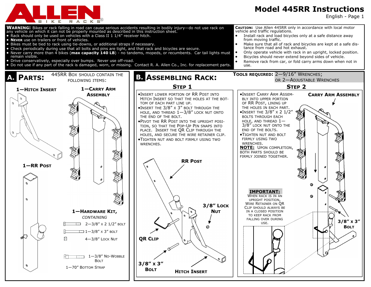 Allen Sports 445RR User Manual | 2 pages