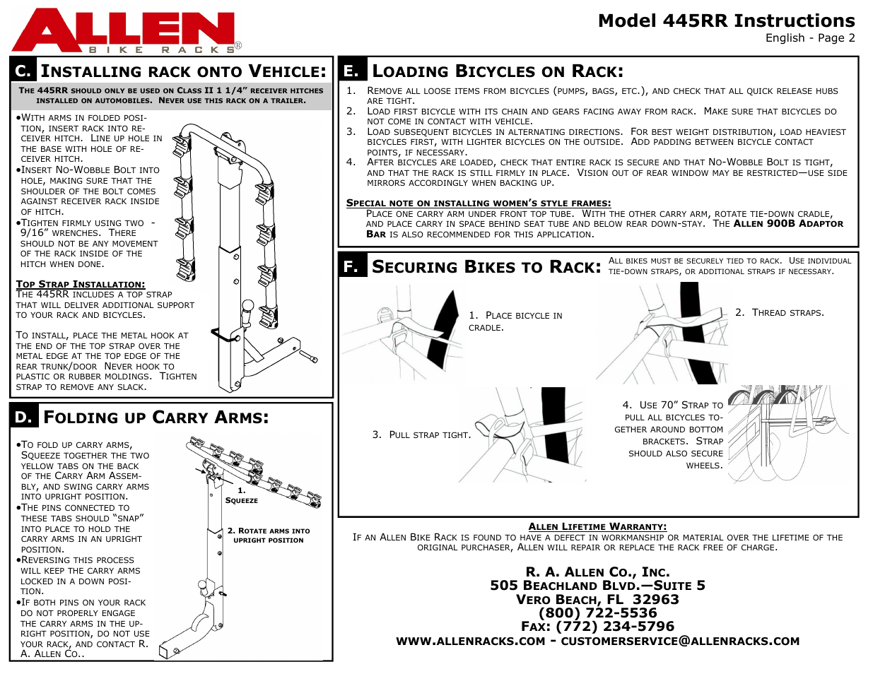 Model 445rr instructions, Olding, Arry | Oading, Icycles, Ecuring, Ikes, Nstalling, Rack, Onto | Allen Sports 445RR User Manual | Page 2 / 2