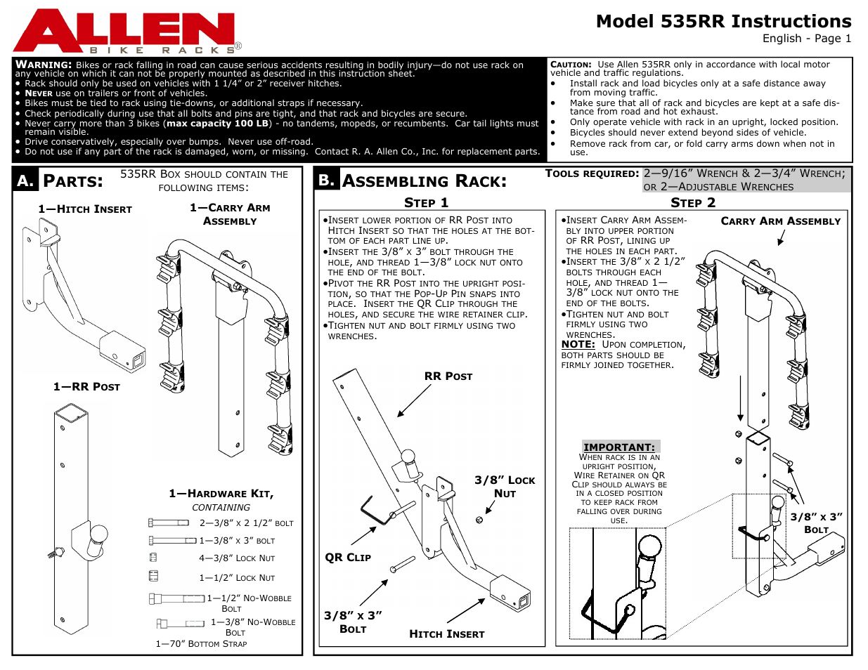 Allen Sports 535RR User Manual | 2 pages