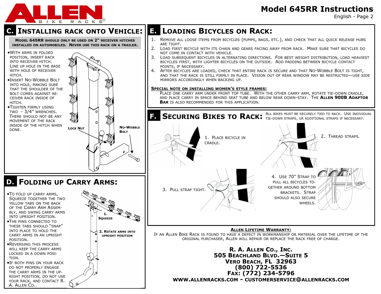 Model 645rr instructions, Nstalling, Rack | Onto, Ehicle, Olding, Arry, Oading, Icycles, Ecuring | Allen Sports 645RR User Manual | Page 2 / 2