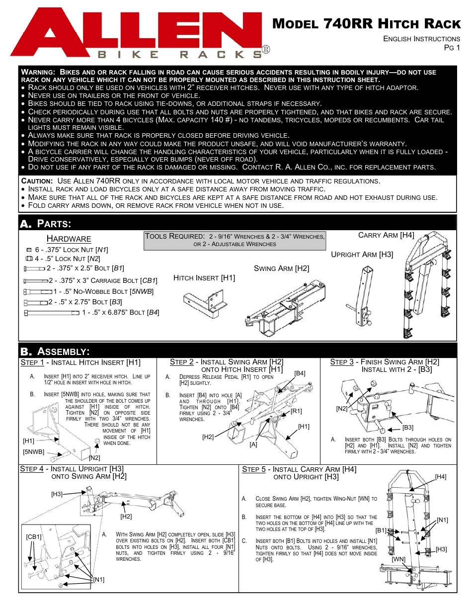 Allen Sports 740RR User Manual | 2 pages