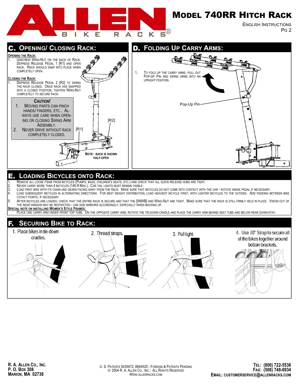 740rr h, Odel, Itch | C. o, D. f, E. l, F. s, Pening, Losing, Olding | Allen Sports 740RR User Manual | Page 2 / 2