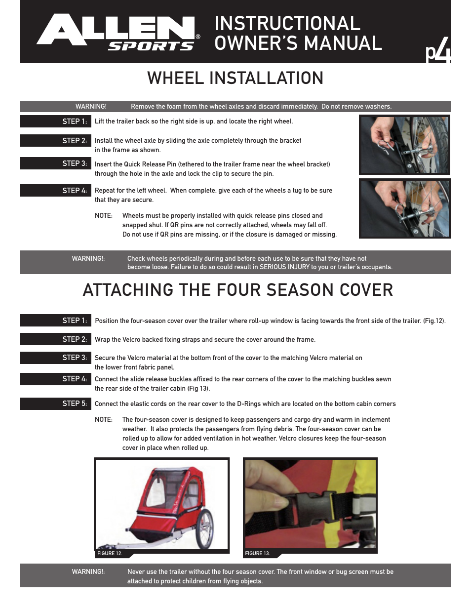 Instructional owner’s manual, Wheel installation attaching the four season cover | Allen Sports AST1 User Manual | Page 4 / 7