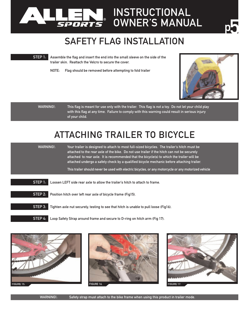 Instructional owner’s manual, Safety flag installation, Attaching trailer to bicycle | Allen Sports AST1 User Manual | Page 5 / 7