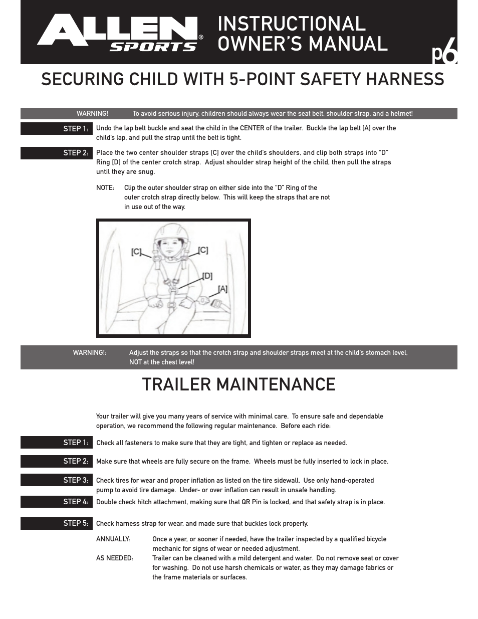 Instructional owner’s manual, Securing child with 5-point safety harness, Trailer maintenance | Allen Sports AST1 User Manual | Page 6 / 7