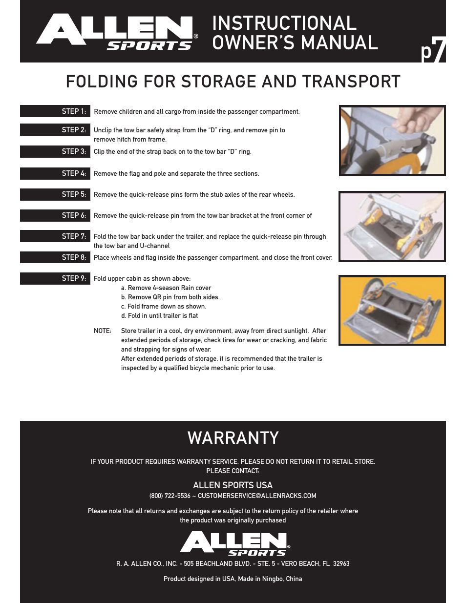 Instructional owner’s manual, Folding for storage and transport warranty | Allen Sports AST1 User Manual | Page 7 / 7