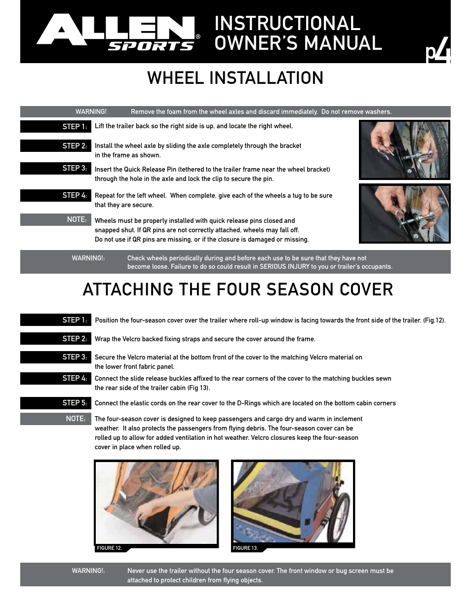 Instructional owner’s manual, Wheel installation attaching the four season cover | Allen Sports AST100 User Manual | Page 4 / 8