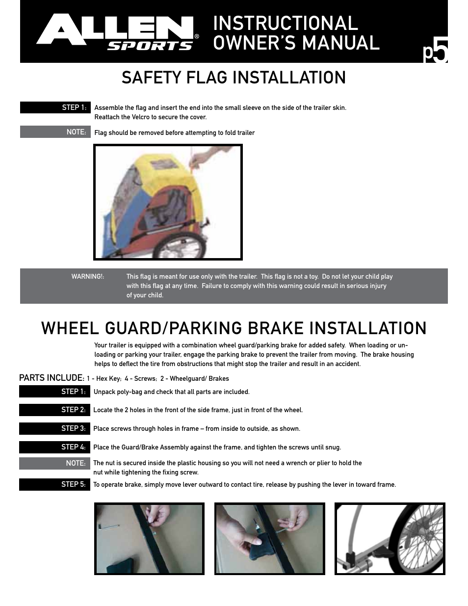 Instructional owner’s manual, Safety flag installation, Wheel guard/parking brake installation | Allen Sports AST100 User Manual | Page 5 / 8