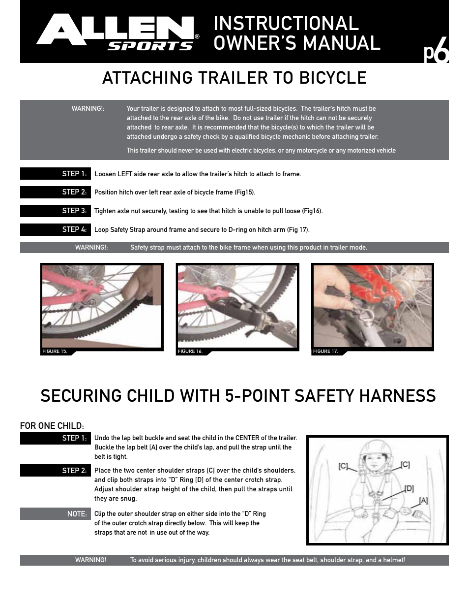 Instructional owner’s manual, Securing child with 5-point safety harness, Attaching trailer to bicycle | Allen Sports AST100 User Manual | Page 6 / 8