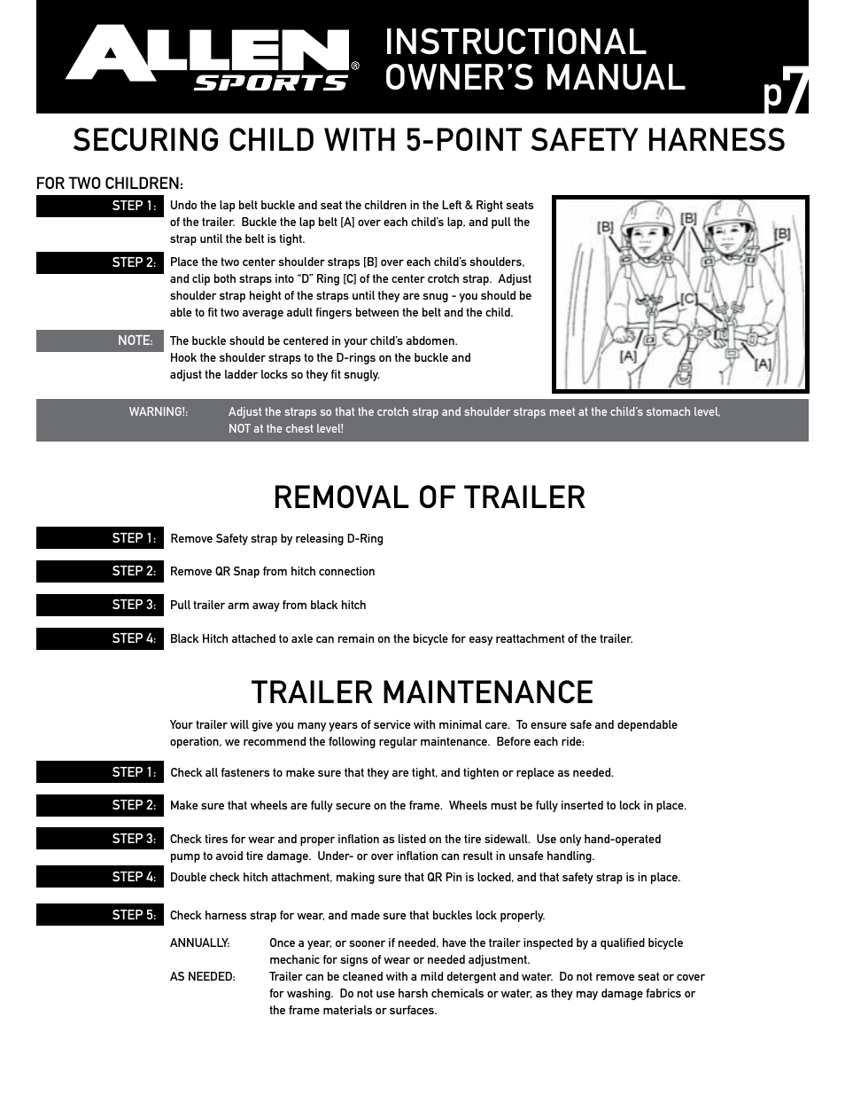 Instructional owner’s manual, Trailer maintenance, Removal of trailer | Securing child with 5-point safety harness | Allen Sports AST100 User Manual | Page 7 / 8