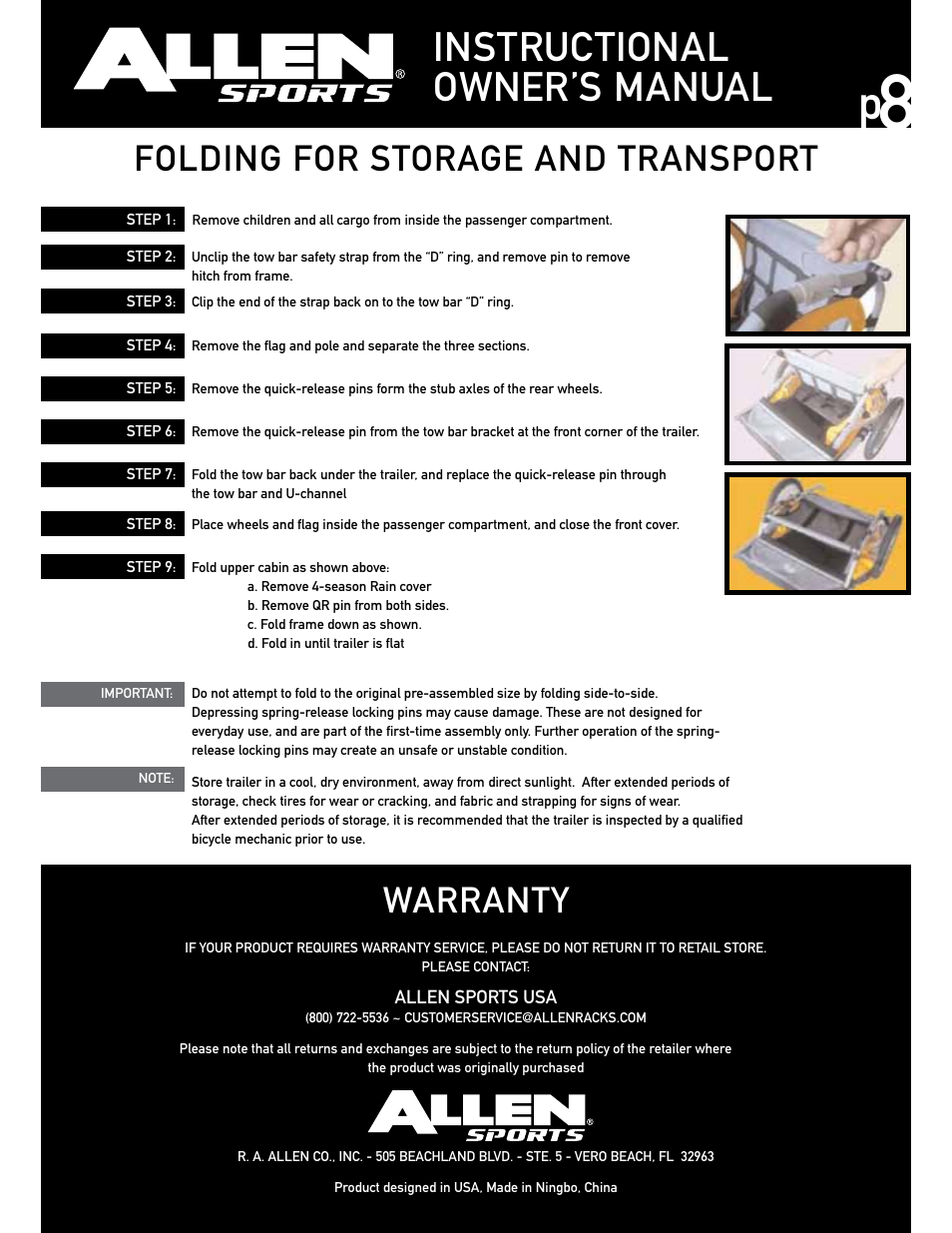 Instructional owner’s manual, Folding for storage and transport, Warranty | Allen Sports AST100 User Manual | Page 8 / 8