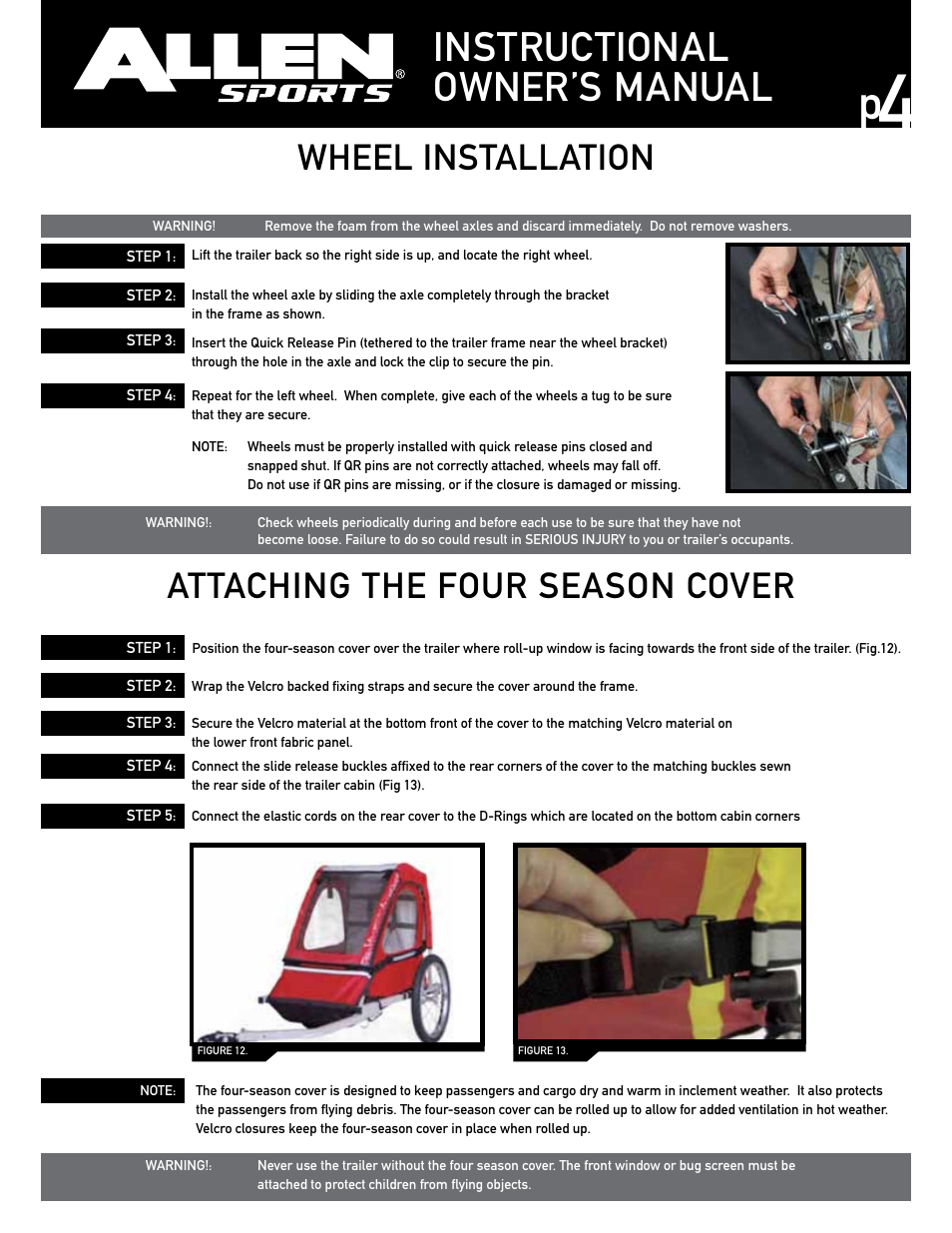 Instructional owner’s manual, Wheel installation attaching the four season cover | Allen Sports AST2 User Manual | Page 4 / 7