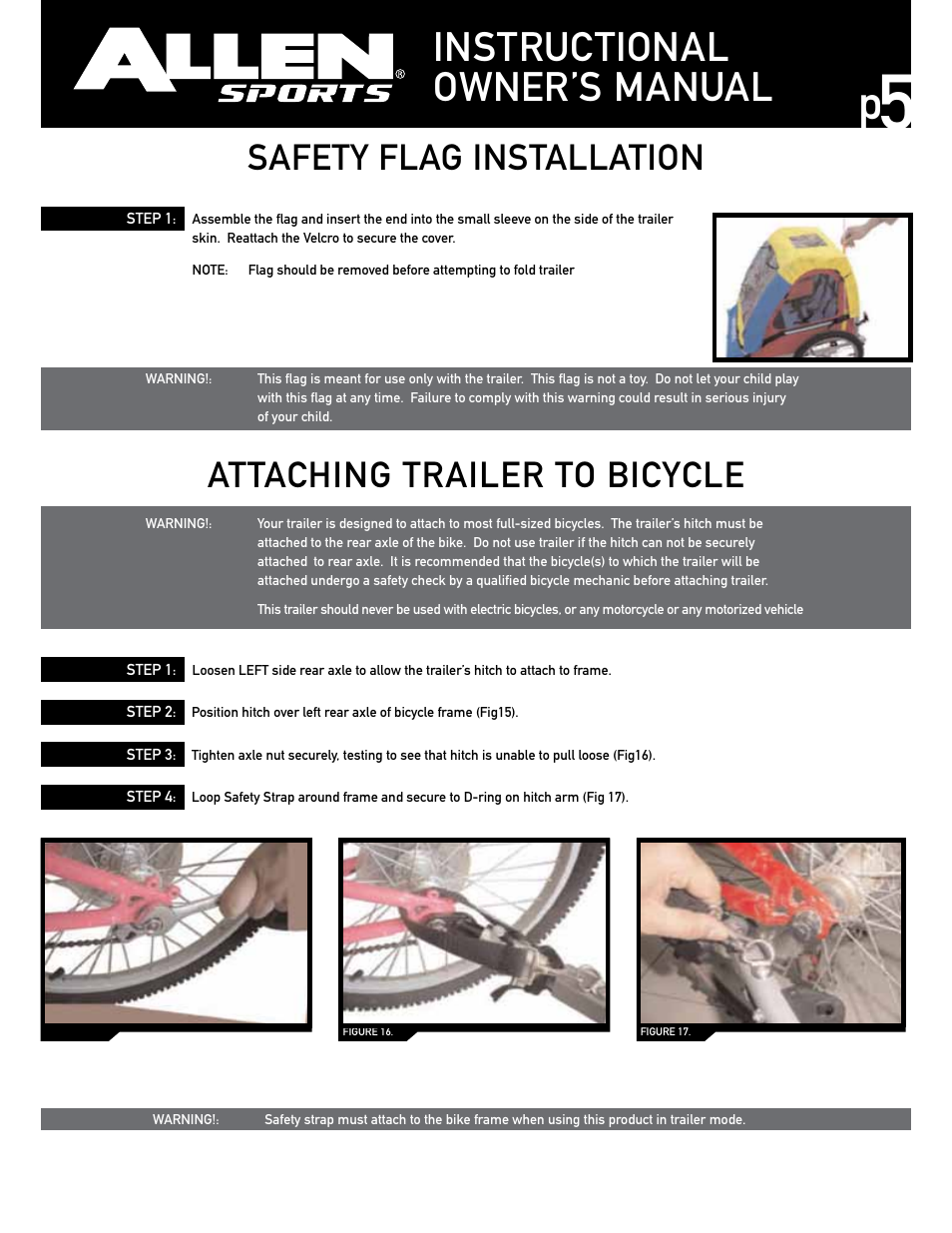 Instructional owner’s manual, Safety flag installation, Attaching trailer to bicycle | Allen Sports AST2 User Manual | Page 5 / 7