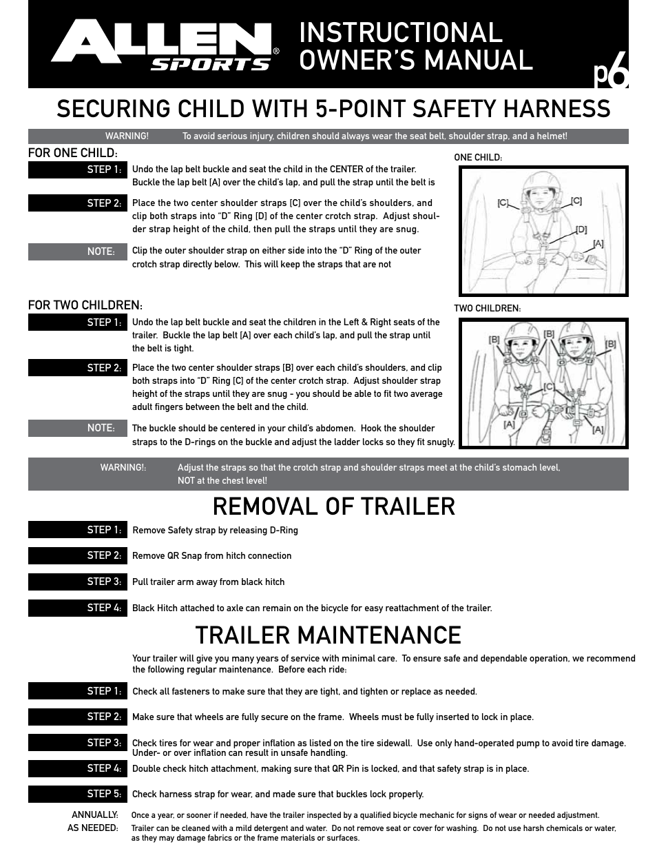 Instructional owner’s manual, Securing child with 5-point safety harness, Removal of trailer trailer maintenance | Allen Sports AST2 User Manual | Page 6 / 7