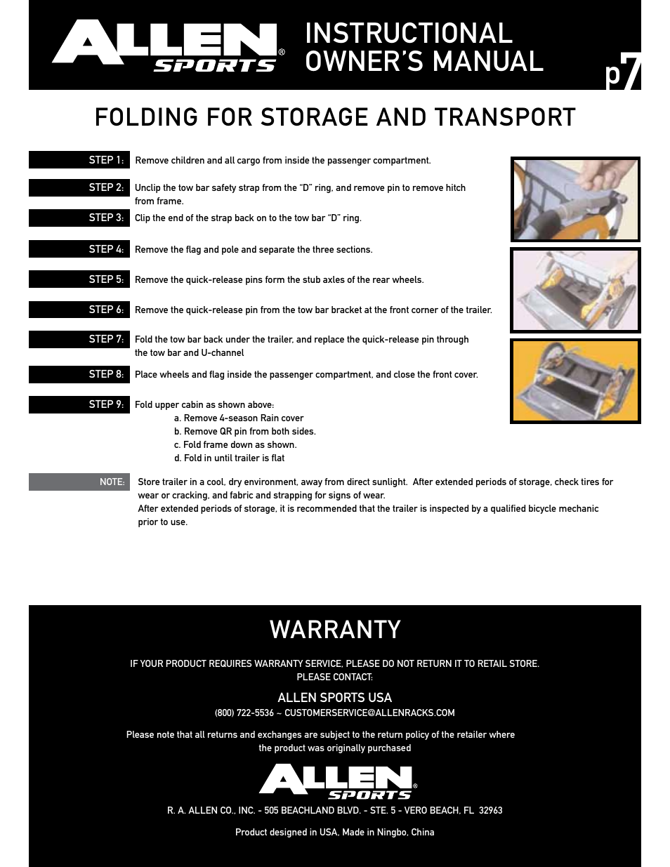 Instructional owner’s manual, Folding for storage and transport, Warranty | Allen Sports AST2 User Manual | Page 7 / 7