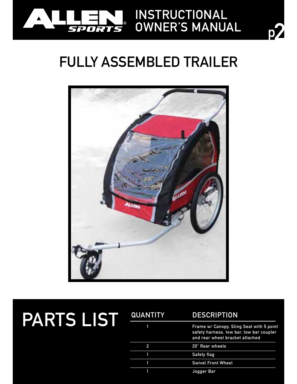 Parts list, Fully assembled trailer, Instructional owner’s manual | Allen Sports AST200 User Manual | Page 2 / 8